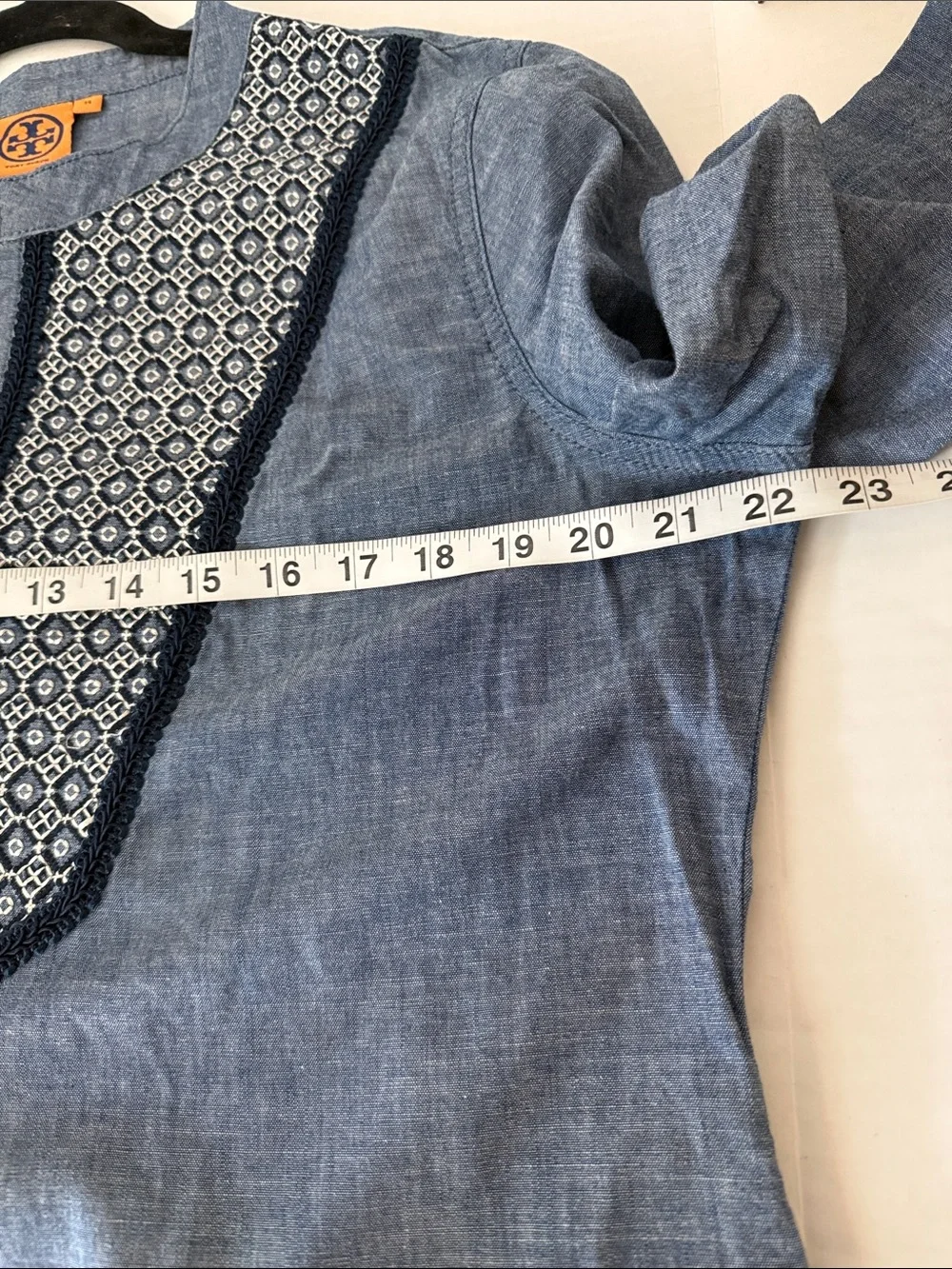 Tory Burch Embroidered Chambray Tunic, white geometric embroidery, V-neck , 14